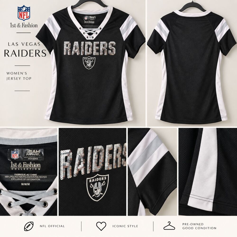 NFL Raiders Womens Sequin Lace Up Jersey Shirt Black Silver Size M